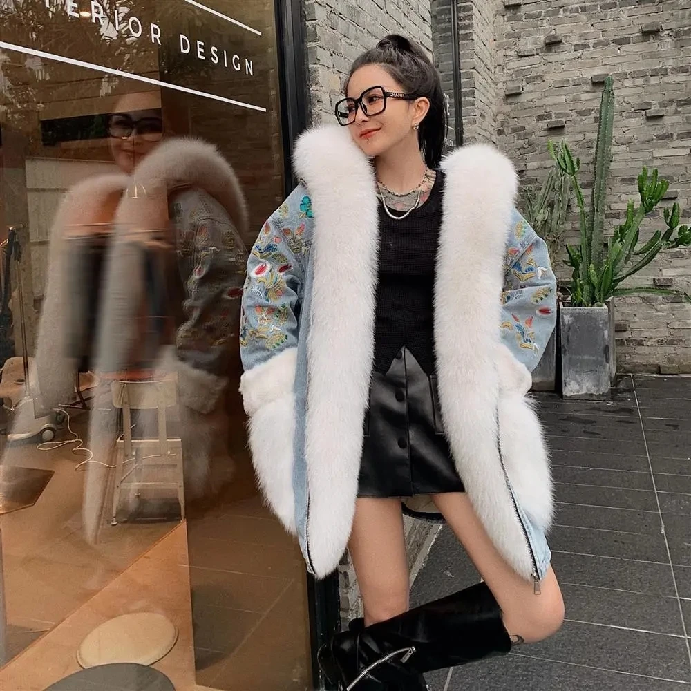 

2023 Autumn Winter New Hooded Big Fur Collar Embroidery Faux Fur Parka Coat Women's Plus Velvet Thick Denim Jacket Top Outerwear