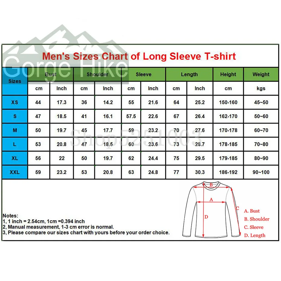 details of mens size chart long sleeve