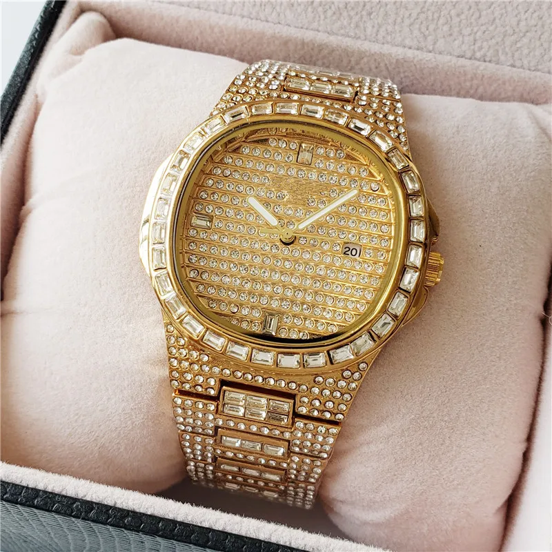 GUCY часы в стиле хип-хоп Iced Out золотого цвета, кварцевые роскошные круглые часы с бриллиантами, мужские наручные часы из нержавеющей стали, подарок - Цвет: Gold