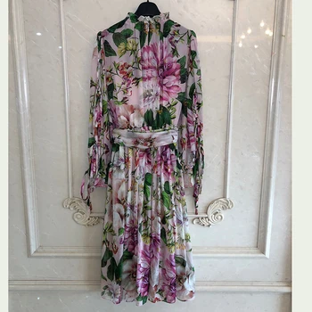 

Silk Flower Print Summer Bohemian Long Sleeve Elegant Long Dresses Women's High Quality Clothing 2020 New