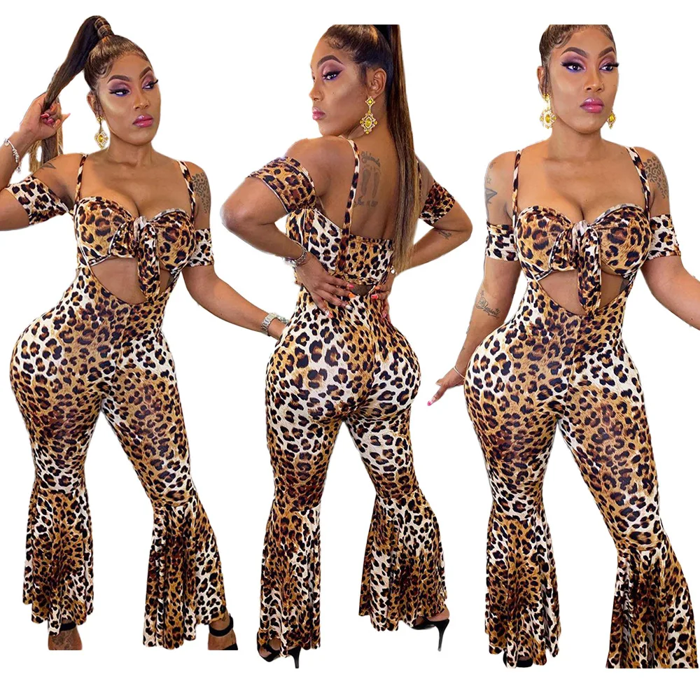 

New Leopard Flare Pants Sets Two Pieces Short Sleeves Cropped Top Long Jumpsuits Sexy Nightclub Bell Bottom Pants Autumn