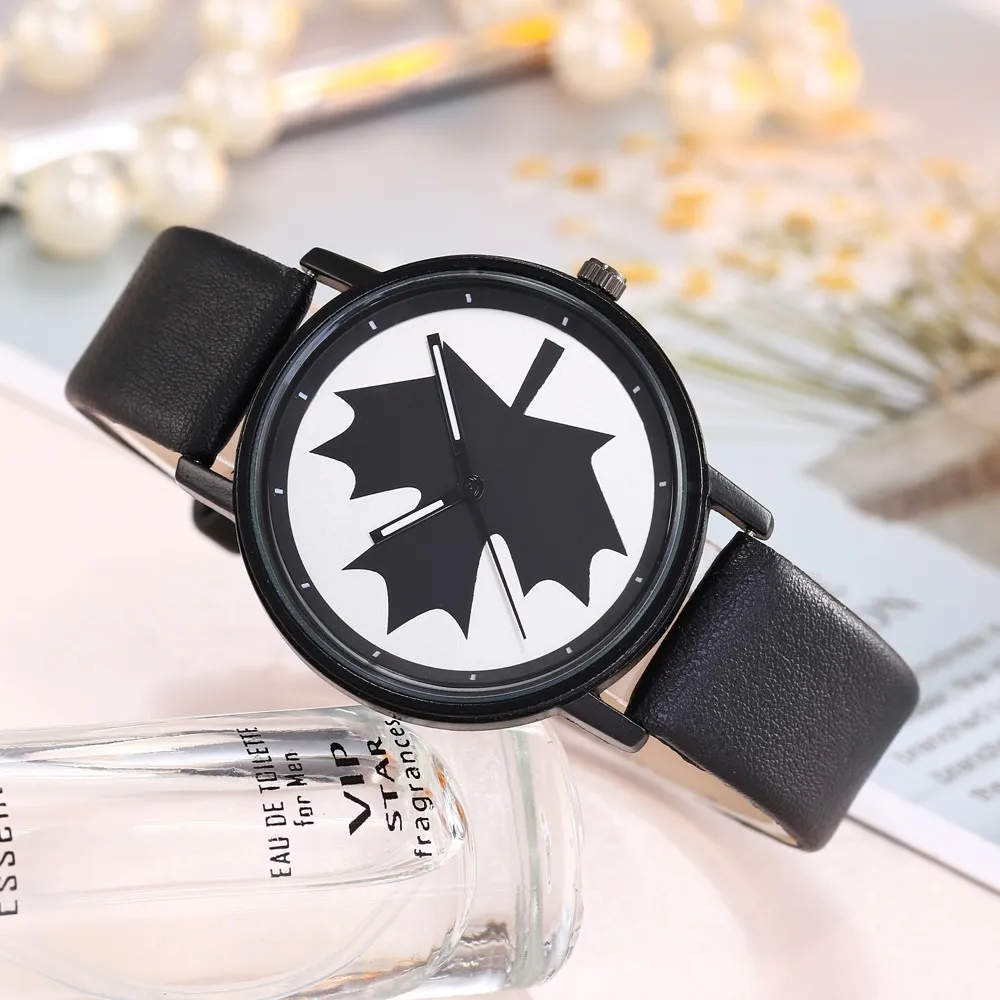 

Minimalist Quartz Watch Women's Fashion Maple Leaf Printed Leather Belt Analog Quartz Round Watch Gift Clothing horloge dames