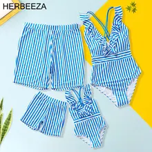 

HERBEEZA Family Kits Blue Striped Deep V-neck Crossed Mommy and me swimsuit Summer Swimwear Family Look Mother and Daughter