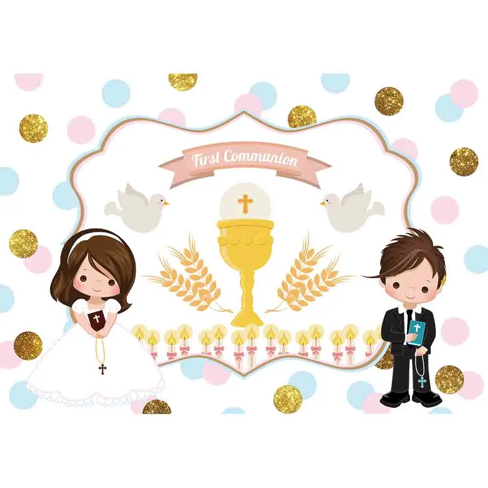 

Allenjoy First Communion Background Prince Princess Holy Grail Ribbon Peace Pigeon Photophone Baby Shower Photocall Backdrops