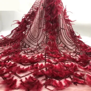 

latest african feather lace fabric embroidery with sequins and stones 5 yards/piece Nigeria tulle laces fabrics JH475-195