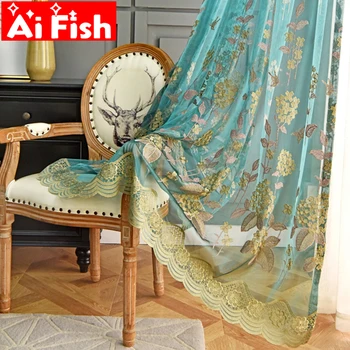 

High Quality Pastoral Exquisite Embroidery Sheer Curtains for living room Blue Lace Plant Flowers Tulle for Bedroom MY318#3