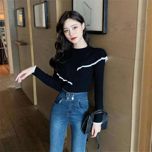 cardigan Korean Style Flounced Stitching Pullover Sweaters 2022 Spring OL Basic Bottoming Knit Sweater Slim Warm Thick Knitted Tops white sweater