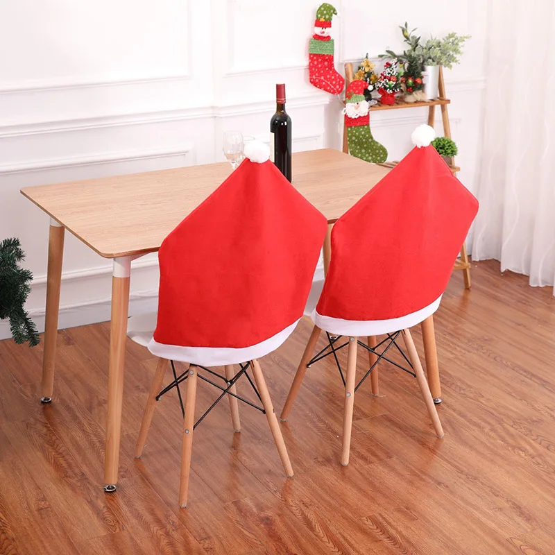 

1pc Christmas Home Decor Supplies Big Christmas Hat Chair Cover Cute Plush Ball Red Christmas Hat Chair Decor Cover