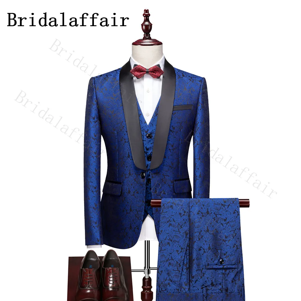

Мужской Жаккардовый смокинг, темно-синий пиджак, комплект из трех предметов, свадебные костюмы для мужчин, облегающие классические костюмы