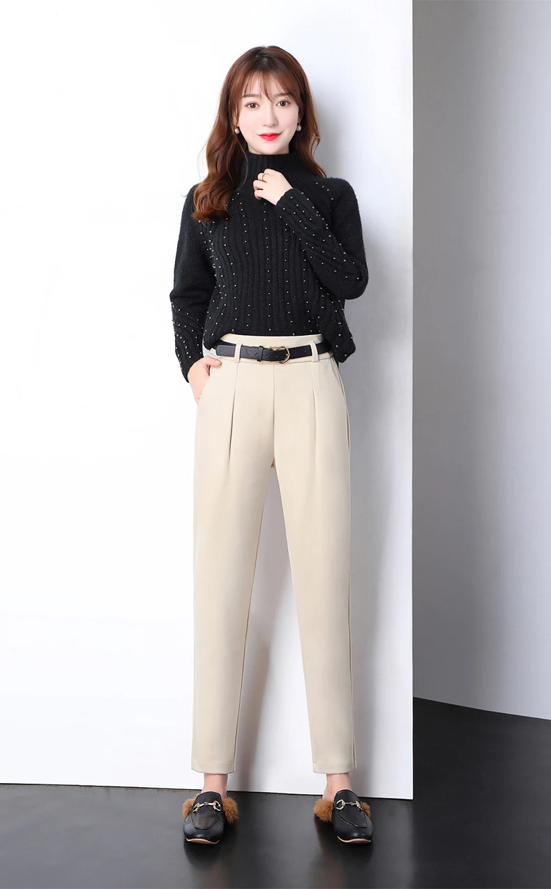 Winter Wool Pants Women Korean High Waist Belted Harem Trousers Female Elegant Autumn Warm Long Work Office Pants Plus Size