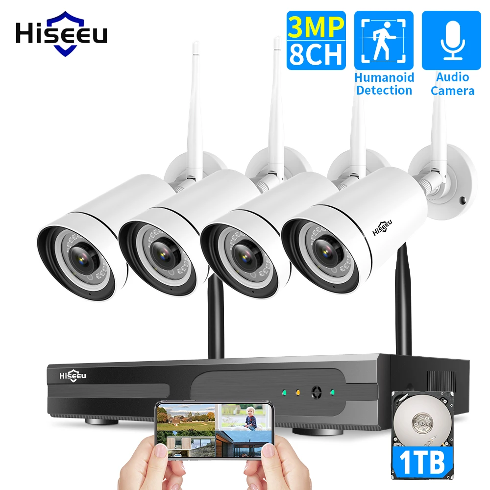 3MP 1536P CCTV Camera System Wireless 8CH NVR kit Outdoor IR Night Vision IP Wifi Camera Security System Surveillance Hiseeu 1TB