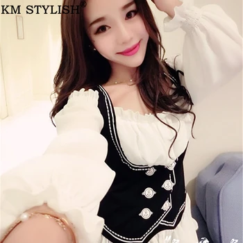 

Korean Chic Blouse Shirt Women Chiffon Tops And Blouses Fake 2 pieces Off-the-shoulder Vest Puff Sleeve White Shirt Trendy