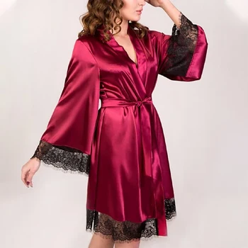 

New Sexy Satin Faux Silk Lace Lingerie Pyjamas Women Ladies Sleepwear Underwear Kimono Nightdress Nightgown Hot Sale Robes