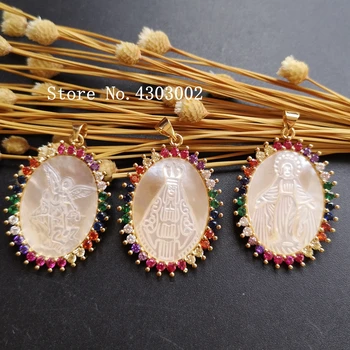 

10pcs/lot Natural AAA CZ Lady of Grace & Aparecida & San Miguel Archangel Mother of Pearl Shell Pendant & Charms for Necklace