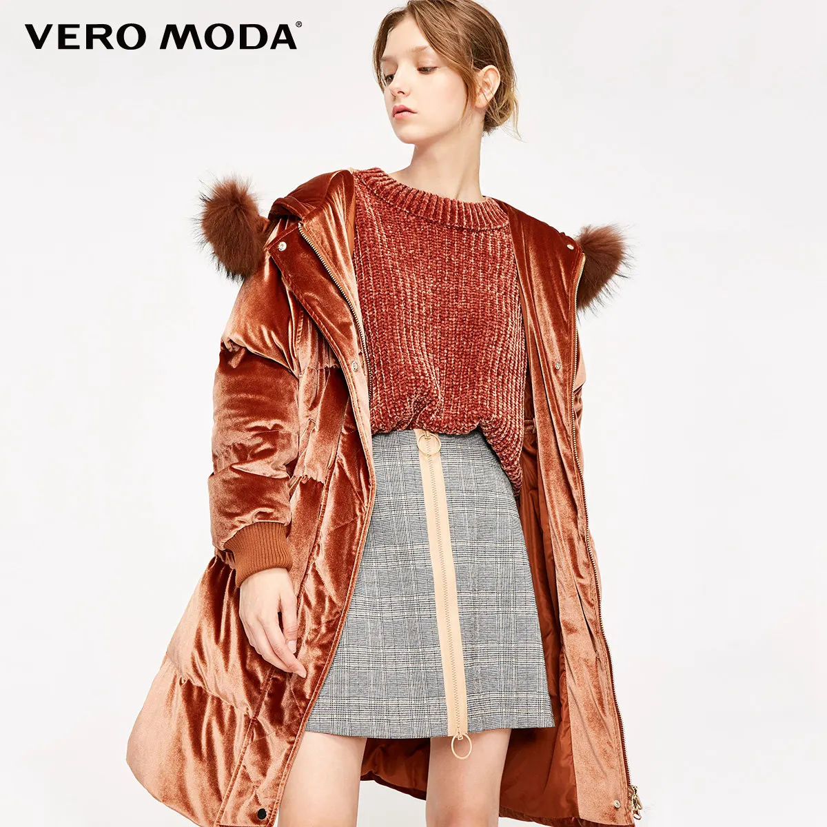 Vero Moda женский 80% белый утиный пух енота меховой воротник съемный пуховик парка пальто | 318412502 - Цвет: Tortoise shell