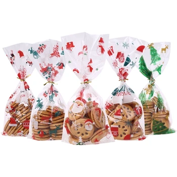 

50 Pack Christmas Cellophane Bags Santa Claus Christmas Trees Christmas Treat Bags Gift Bags Wraps with 50 Twist Ties for Candy