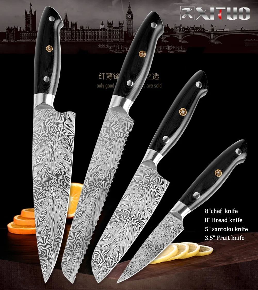 New High quality Damascus Feather Pattern Knife Chef Knives Laser Damascus steel Santoku kitchen Knives Sharp Cleaver Slicing - Цвет: 4PCS set A