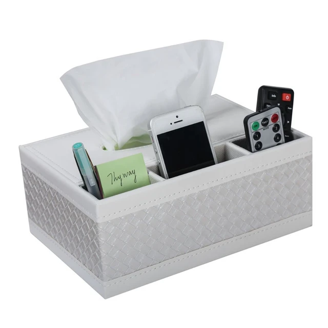 Multi-Functional Tissue Box Cover Rectangle, Leather Decorative Napkin  Dispenser Organizer Caddy with 3 TV Remote Control Holder Compartments