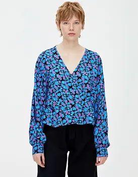 

2020 Spring Summer New Grand Prix Cross V-neck blue zaraing women Shirt vadiming sheining Female Design Niche Base Shirt XDN9227