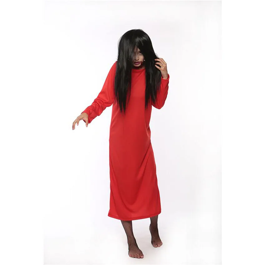 White Red Solid Plus Size Woman Gown Sadako Halloween Masquerade Scary Costumes with Wig Bride Terror Robe Dress for Female