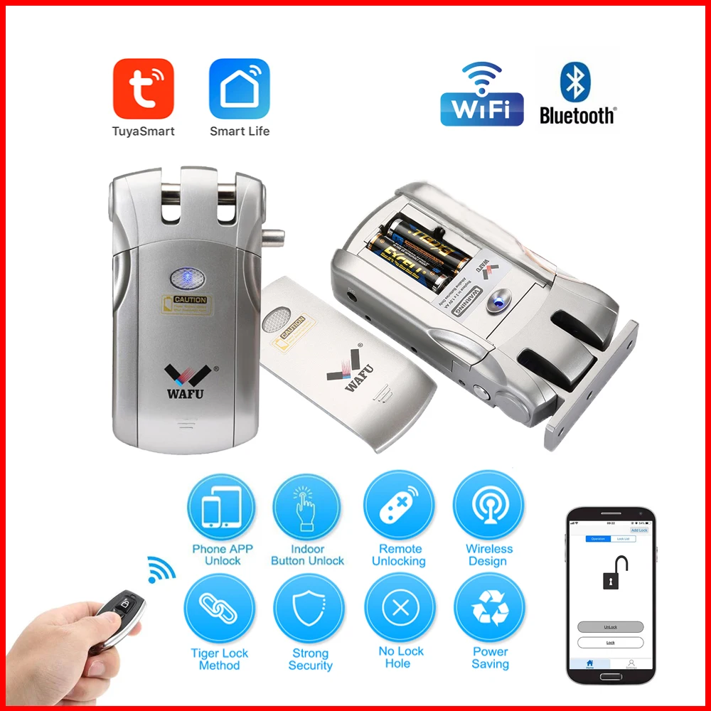 Wafu-cerradura de puerta inalámbrica con wifi, cerrojo inteligente con Control remoto, electrónica, sin llave, Control de teléfono, huella dactilar, 019