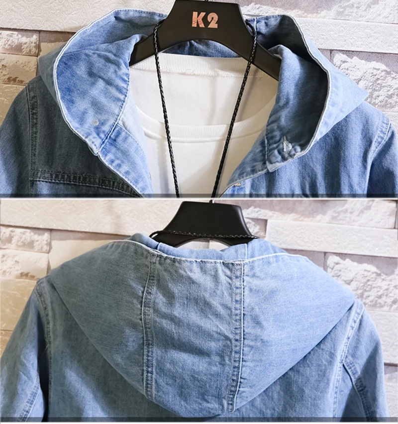 Новая Осенняя мужская Повседневная джинсовая куртка мужская хлопковая однотонная куртка с капюшоном зауженное пальто впору Азиатский размер Куртка Топы