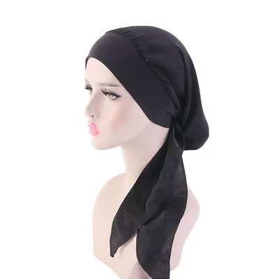 Muslim Women Print Cotton Turban Hat Headscarves Pre-Tied Cancer Chemo Headwear Bandanas Headwrap Caps Solid Black