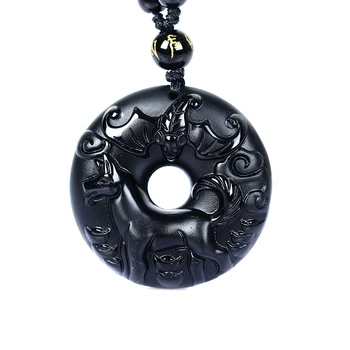 

Natural Black Obsidian Beads Necklace Hand-Carved Zodiac Horse Safety Button Jade Pendant Jewelry Trendy Amulet Lucky Gifts
