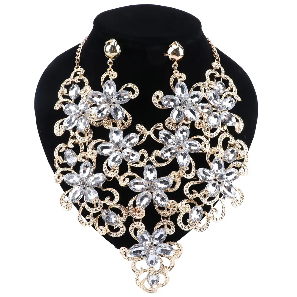CYNTHIA New Fashion Flowers Jewelry Sets Dubai Gold Color Chain Pendant Necklace Earrings sets Women's Party Costume Jewellery - Окраска металла: white