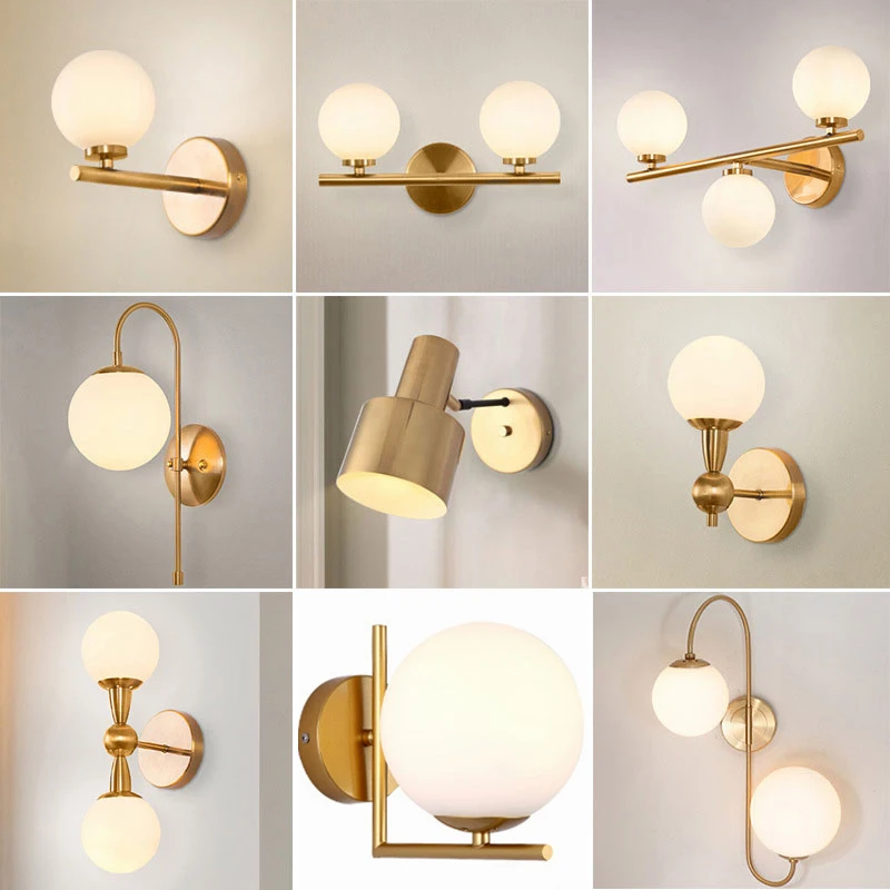 Nordic Gold Glass Wall Lamp Bedroom Stair Mirror Light Home Wall Sconce Lighting 