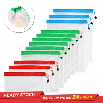 

12pcs 3 Sizes Reusable Mesh Produce Bag fruit mesh bag drawstring bag vegetable storage drawstring bag