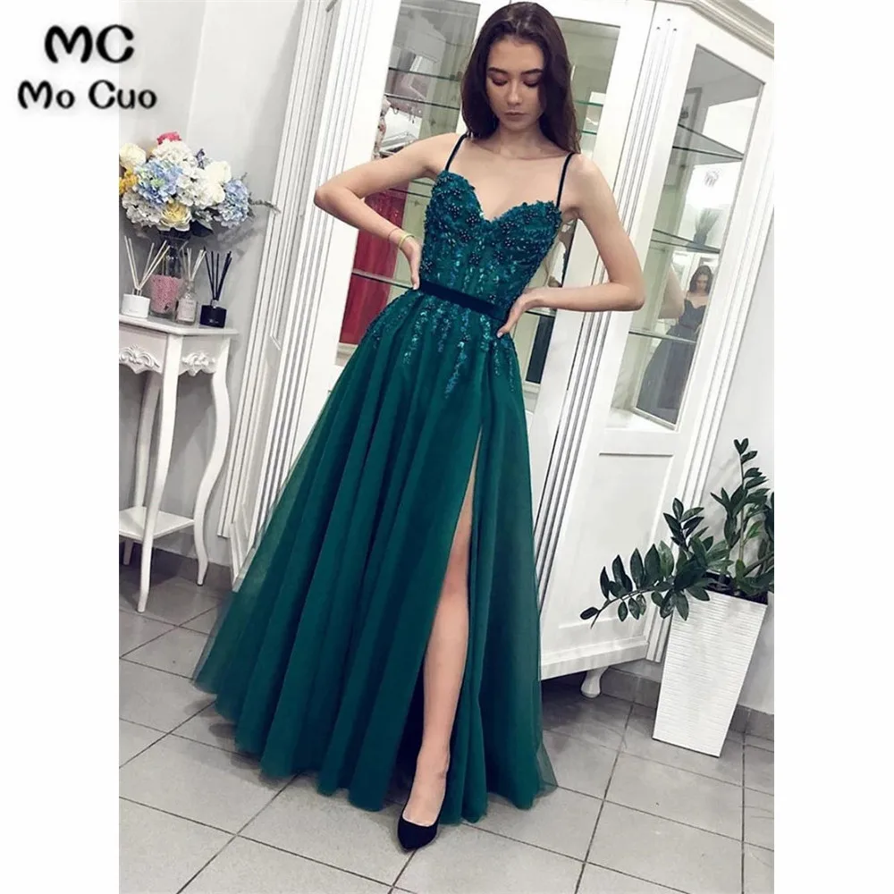 Green tulle beads long prom dress, green evening dress (1)