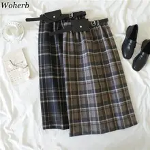 Woherb, винтажная, модная, прямая, клетчатая юбка, для женщин, Осень-зима, высокая талия, толстая, для женщин, с разрезом, юбки, Корейская, элегантная, новинка 91236