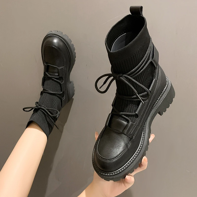 

Classic Women Ankle Boots Autumn Winter Platforms Shoes Woman Fashion Lace-Up Genuine Leather Casual Knitting Boots