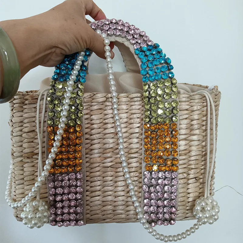 The New Diamond Straw Bag Hand Sewn Water Drill Beaded Ladies Handbags Woven Basket For Women | Багаж и сумки
