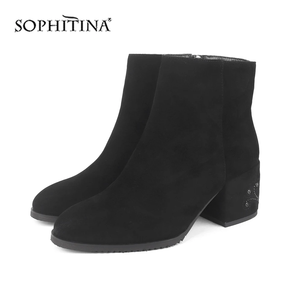 SOPHITINA/удобные сапоги на квадратном каблуке; теплые модные дизайнерские замшевые сапоги ручной работы с круглым носком и цветочным узором; новые женские сапоги; PC209