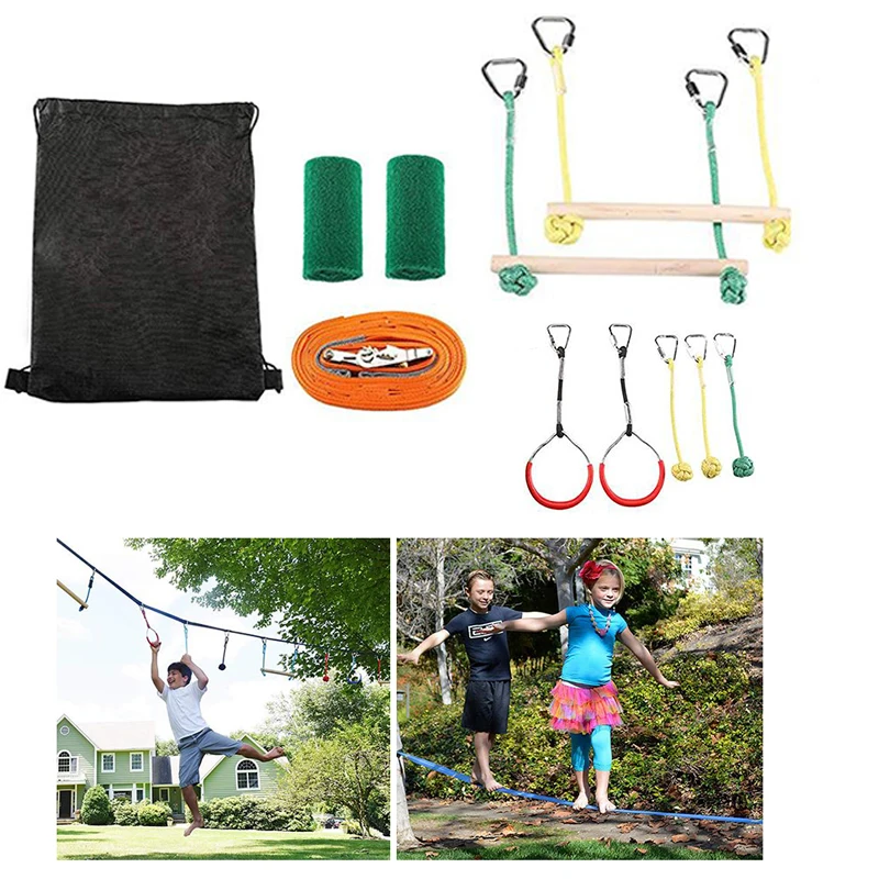 

Outdoor Rock Climbing Balance Practice Line Slackline Portable Kids Obstacles Sling Ring Monkey Pole Set Gymnastics Training