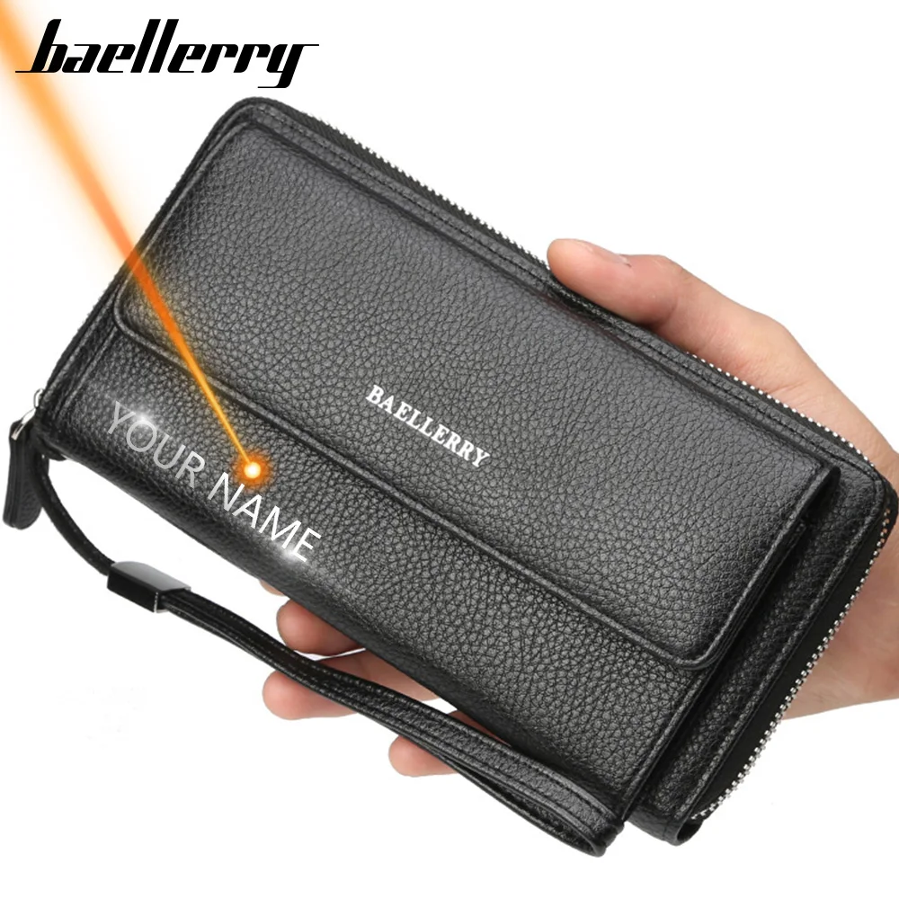 Men Wallet Purses Engraving Hand-Strap Zipper Luxurious Name Solid Business Male Large-Capacity