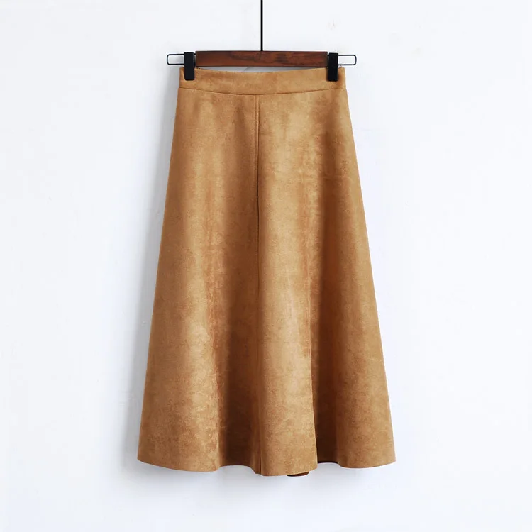 LYACR зимняя женская замшевая юбка миди с высокой талией, юбки для женщин, свободная трапециевидная винтажная женская школьная юбка для женщин, осень - Цвет: Khaki