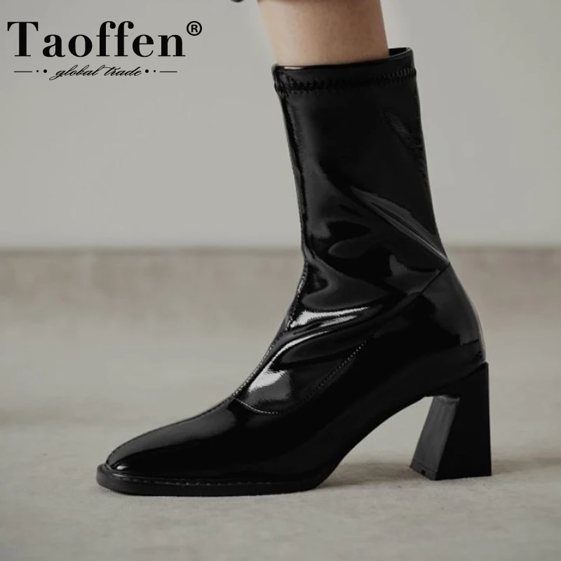 TAOFFEN/женские сапоги до середины икры Обувь на молнии толстом каблуке Теплые из