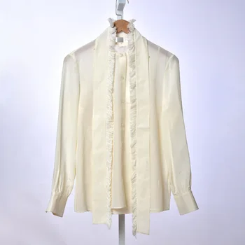 

2020 Two Piece Set Silk Women's Blouse Office Wear Ladies Elegant Bow Tie Shirt Female Tops And Blouses