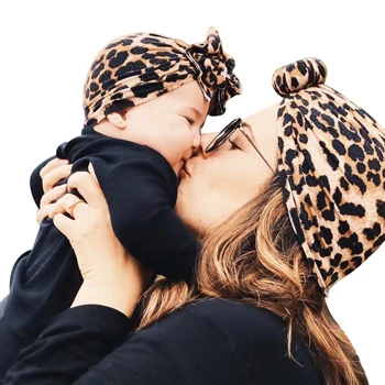 

Newborn Infant Baby Girl Boy and Mom Turban Hat Bows Flower Head Wrap Leopard India Hat Cotton Cap Parent-child Suit Beanie