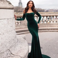 Robe de soirée en velours vert, Sexy, épaules dénudées, style sirène, robe de bal, traîne, dos nu, robe élégante 