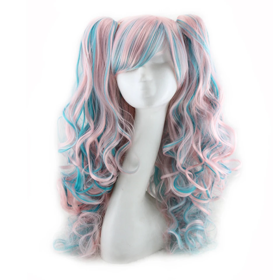 MEIFAN термостойкие синтетические волосы парик с двумя волнистыми клипсами хвостик смешанный синий розовый цвет косплей аниме парики для женщин - Цвет: A