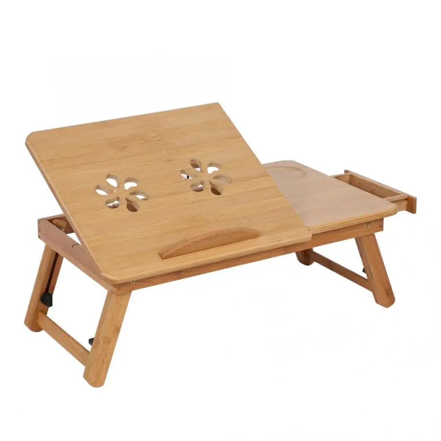 Adjustable Bamboo Rack Shelf Dormitory Bed Lap Desk Two Flowers Book Reading Tray Stand