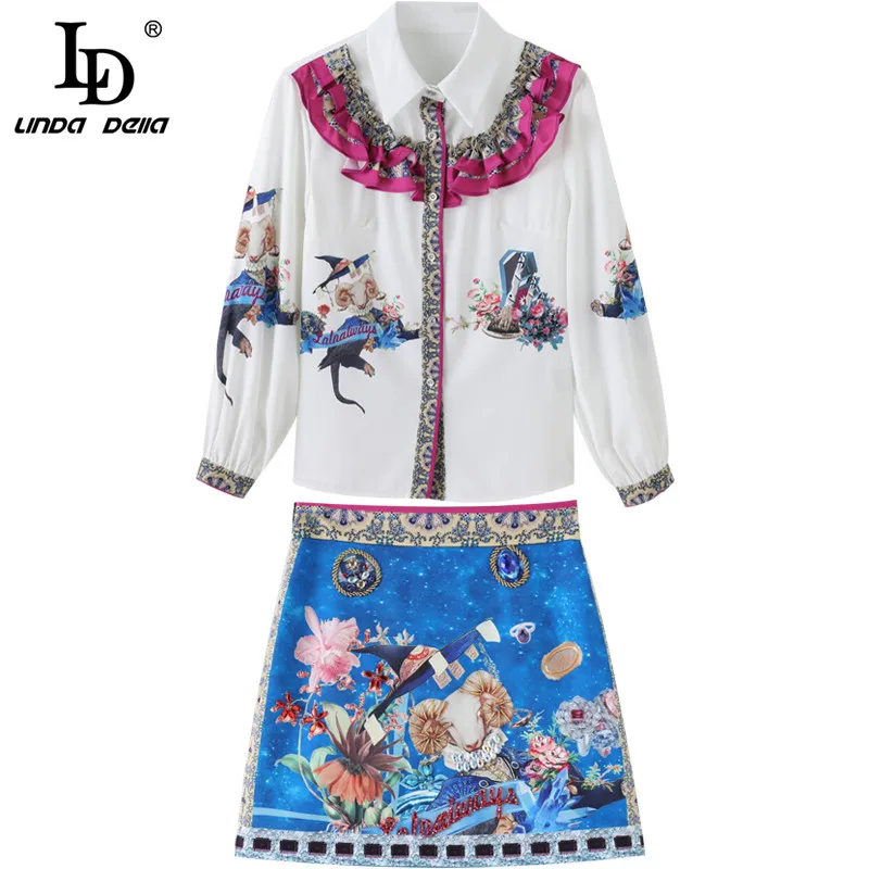 LD LINDA делла Осенняя мода подиум мини юбки костюм Женская белая рубашка и юбка комплект из 2 предметов