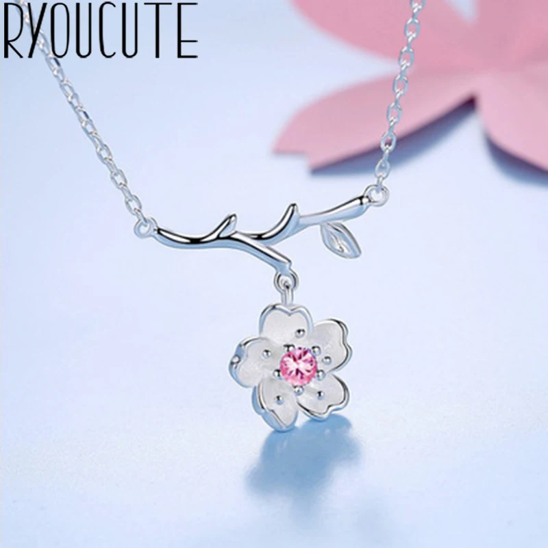 

Boho Jewelry 925 Sterling Silver Cherry Blossoms Flower Necklaces Pendants For Women Gifts Charm Statement Necklaces Collar