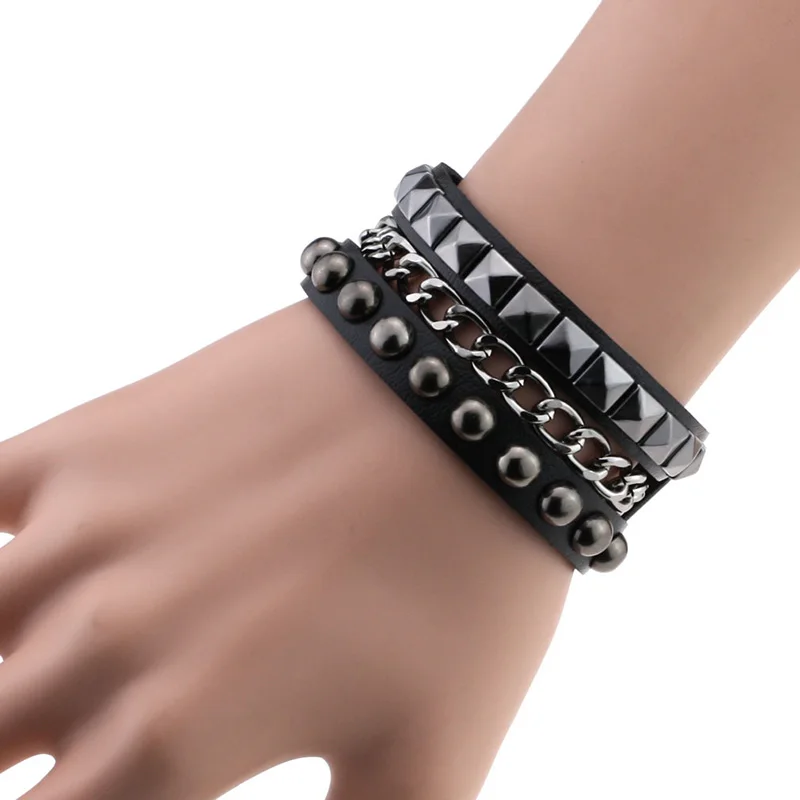 Fashion Men Bracelets Jewelry Punk Multilayers Rock Spikes Rivet Chains Bracelet Gothic Wide Cuff Leather Bangle | Украшения и