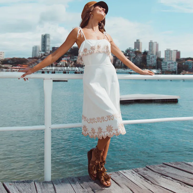 Ordifree/лето ; Boho; винтажное женское платье с вышивкой; на бретельках; Сексуальная Туника; пляжное платье; праздничная одежда