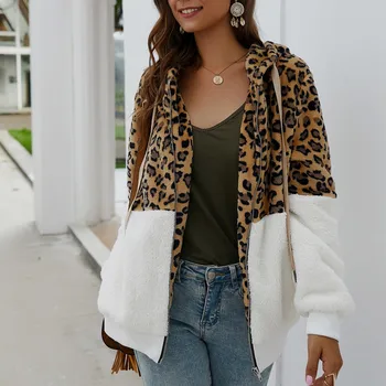 

New Women Leopard Print Patchwork Fleece Jacket Autumn Winter Warm Long Sleeves Hooded Coat Female Zipper Hoodie Outerwear Coat